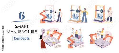 Manufacturing process industry. Scientist robot assembling products. Smart manufacture, automation development metaphor. Smart industry product design, automated production, robots and machinery 4.0