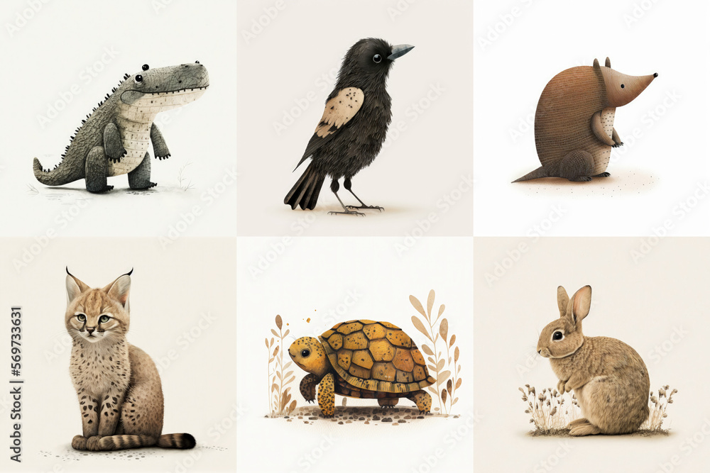 Fototapeta premium A set of six cute animals, mammals, birds, reptiles, from the area of Alabama, USA in watercolor, illustration made with Generative AI