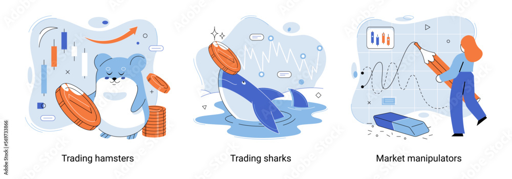 Fototapeta premium Shark emerges from water and holds gold coins on its nose. Trading hamsters and whale metaphor set. Fake data for business valuation. Inexperienced investor, bad investment, experienced traders