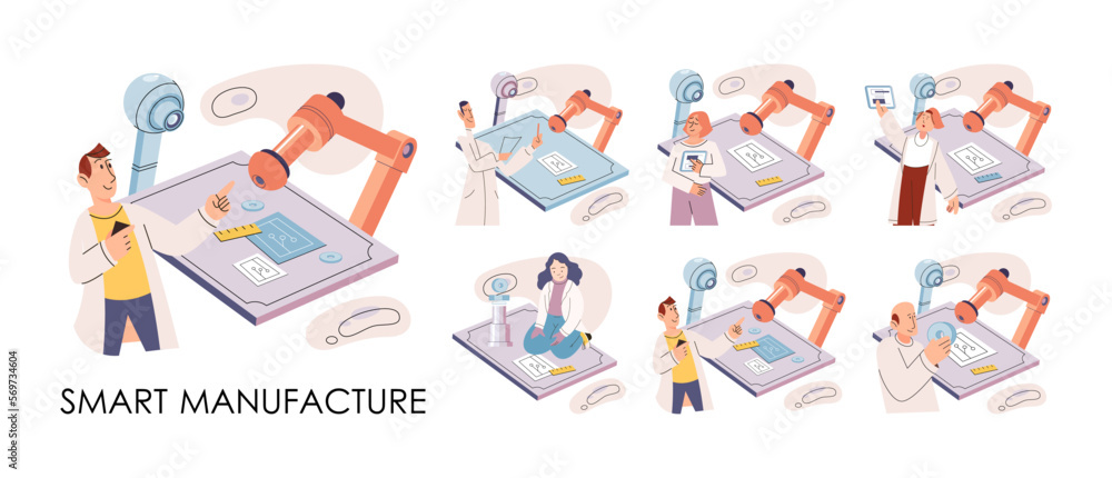 Manufacturing process industry. Scientist robot assembling products. Smart manufacture, automation development metaphor. Smart industry product design, automated production, robots and machinery 4.0 Manufacturing process industry. Scientist robot assembling products. Smart manufacture, automation development metaphor. Smart industry product design, automated production, robots and machinery 4.0