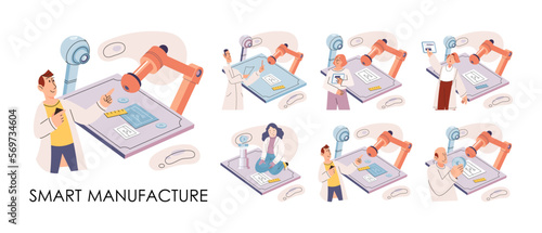 Manufacturing process industry. Scientist robot assembling products. Smart manufacture, automation development metaphor. Smart industry product design, automated production, robots and machinery 4.0