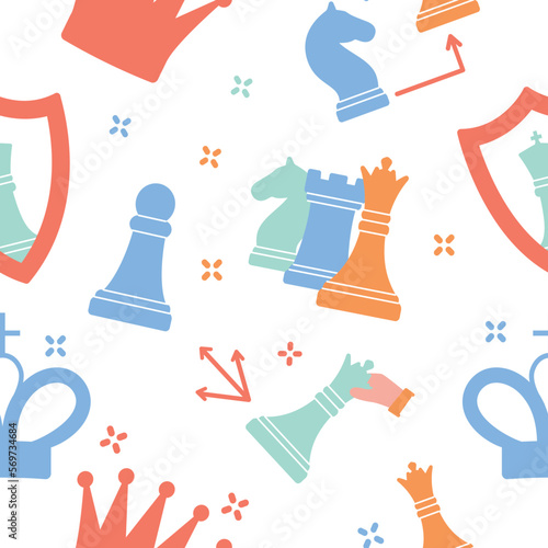 Chess color seamless pattern. Repeating design element for printing on fabric. Knight, pawn and rook, bishop. Mind and game, strategy and intellectual planning. Cartoon flat vector illustration