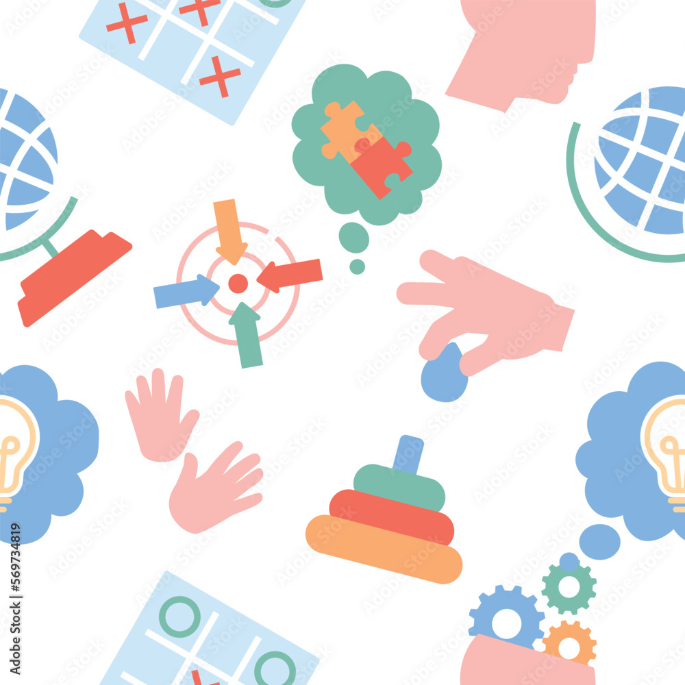 Cognitive skills color seamless pattern. Repeating design element for printing on fabric. Self development and motivation, brain activity and mental health concept. Cartoon flat vector illustration Cognitive skills color seamless pattern. Repeating design element for printing on fabric. Self development and motivation, brain activity and mental health concept. Cartoon flat vector illustration