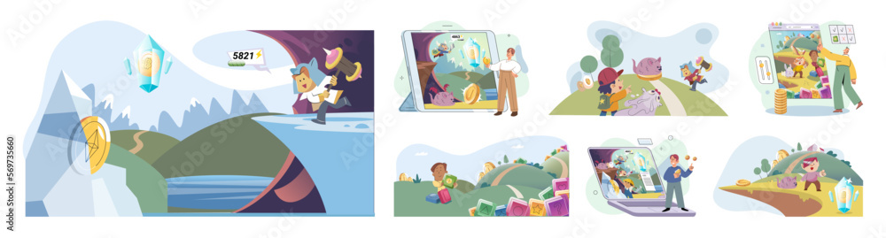 Obraz premium Play to earn games created on basis of blockchain project with elements of NFT, main purpose of earning. Player earn money by playing. Virtual character development business. Cryptocurrency game.