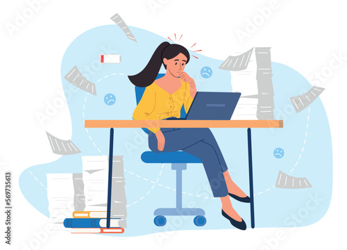 Overworked business worker. Woman at laptop sits in office at workplace. Emotional burnout, panic and stress. Mental health and psychological problems, overload girl. Cartoon flat vector illustration