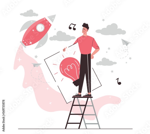Man with art. Creative personality and genius. Young guy with light bulb drawing. Idea and insight, brainstorming. Cognitive abilities and creativity, artist. Cartoon flat vector illustration photo