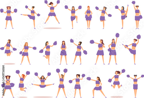 Cheerleading icons set cartoon vector. School girl. Child uniform