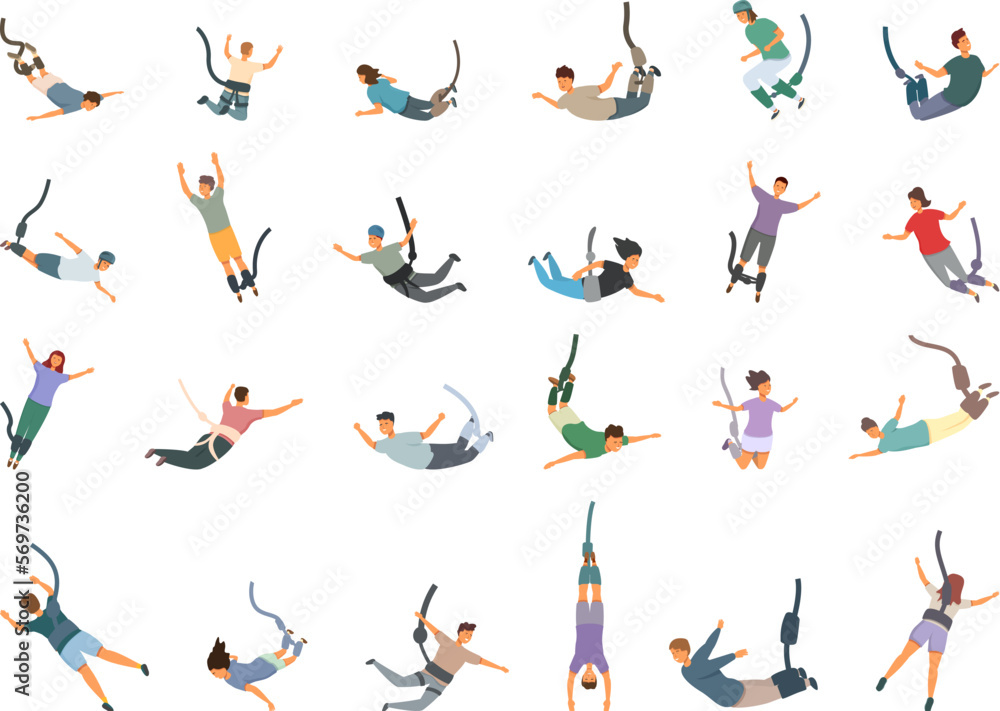 Bungee jumping icons set cartoon vector. Extreme sport. Fall rope
