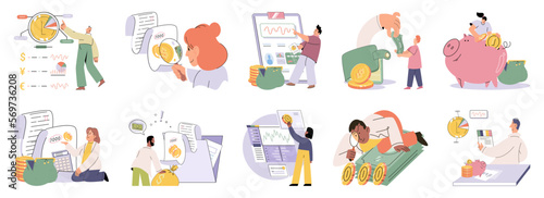Set of people analyzing personal or corporate budget. Concept of finance accounting and calculation of financial income and expenses report. Financial consultant with document for tax computation