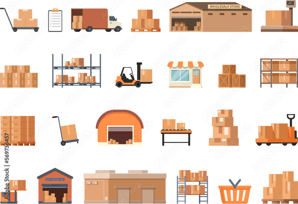 Wholesale store icons set cartoon vector. Marketplace supplier. Retail market Wholesale store icons set cartoon vector. Marketplace supplier. Retail market
