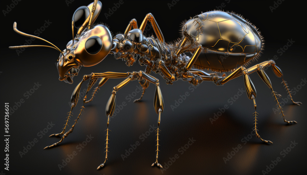 Fototapeta premium Golden metalic ant, Generative Ai