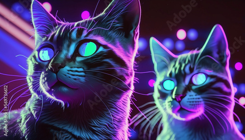 black cat with blue eyes colorful neon, Generative Ai