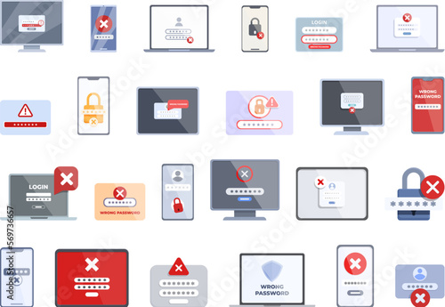 Wrong password icons set cartoon vector. Key lock. Login security