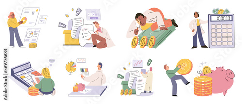 Set of people analyzing personal or corporate budget. Concept of finance accounting and calculation of financial income and expenses report. Financial consultant with document for tax computation