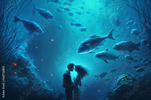 Couple standing in front of an aquarium generative ai 