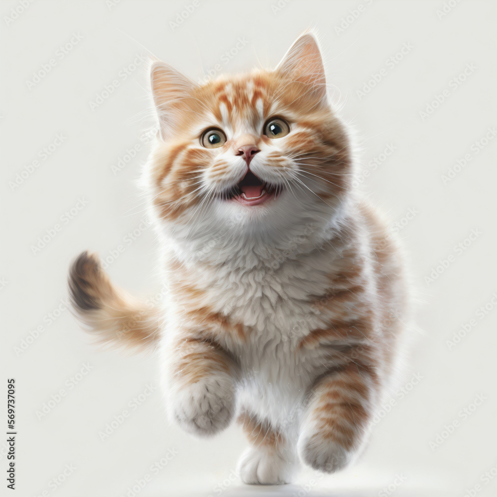 Cute happy cat running white background
