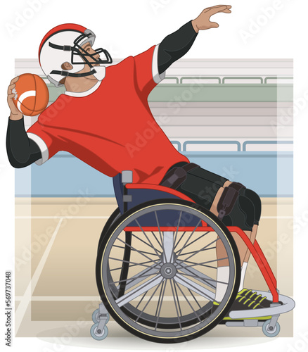 para sports wheelchair USA football male player, throwing ball on court with background