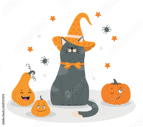 Cat and whitch hat. Symbol of Halloween and international scary holiday of fear and horror. Kitten sitting next to pumpkin. Design element for greeting postcard. Cartoon flat vector illustration
