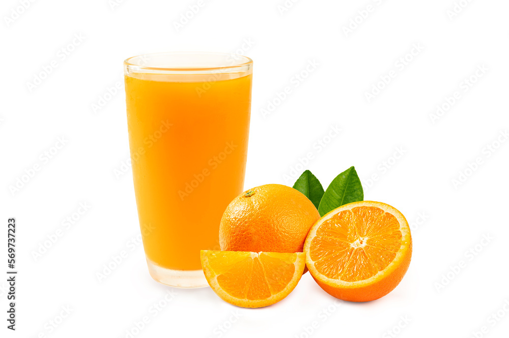 Glass of orange juice and oranges isolated on white background. Glass of orange juice and oranges isolated on white background.
