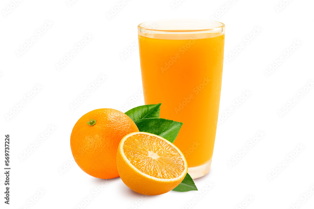 Glass of orange juice and oranges with half and leaves on white background. Glass of orange juice and oranges with half and leaves on white background.