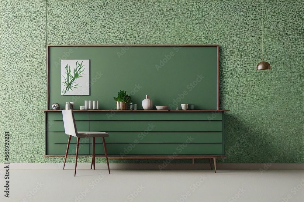 Clean Modern Interior with Sage Green accent wall with minimal staged furniture wood accents mockup frame home decor Made with Generative Ai