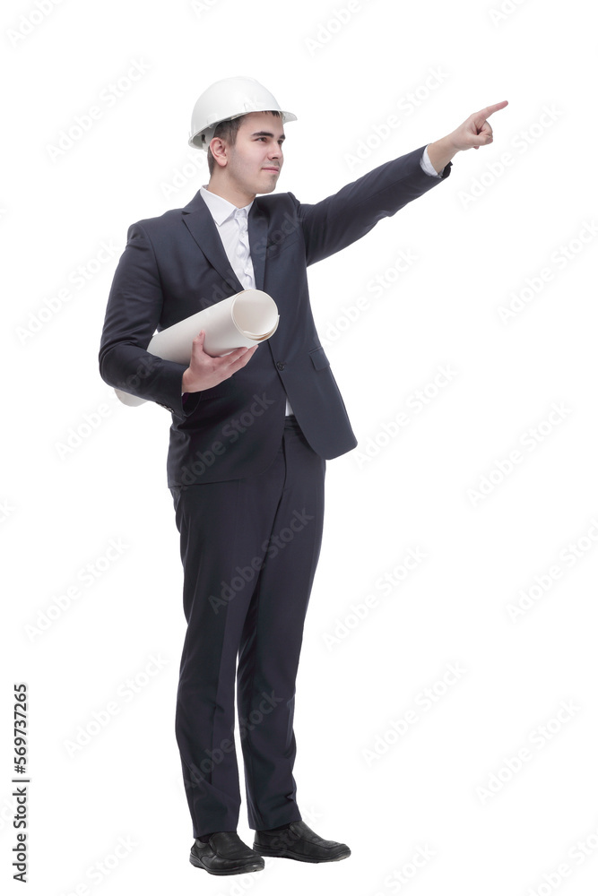 Front view of young architect man in hardhat holding blueprints walking away Front view of young architect man in hardhat holding blueprints walking away