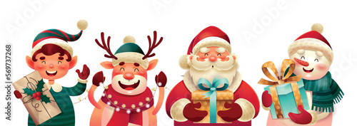 Christmas characters set. Collection of graphic elements for website. Snowman, santa and elf with gift boxes, deer with garland. Cartoon flat vector illustrations isolated on white background