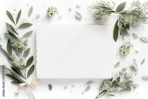 Top Down View of Wedding Banner with Decorative Elements, White Background, Generative AI
