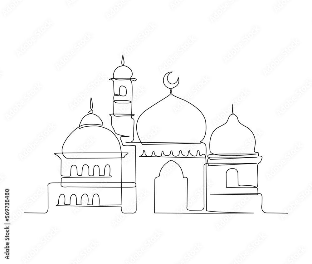 Continuous one line drawing of Mosque. Simple illustration of islamic mosque building line art vector illustration.