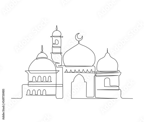 Continuous one line drawing of Mosque. Simple illustration of islamic mosque building line art vector illustration.
