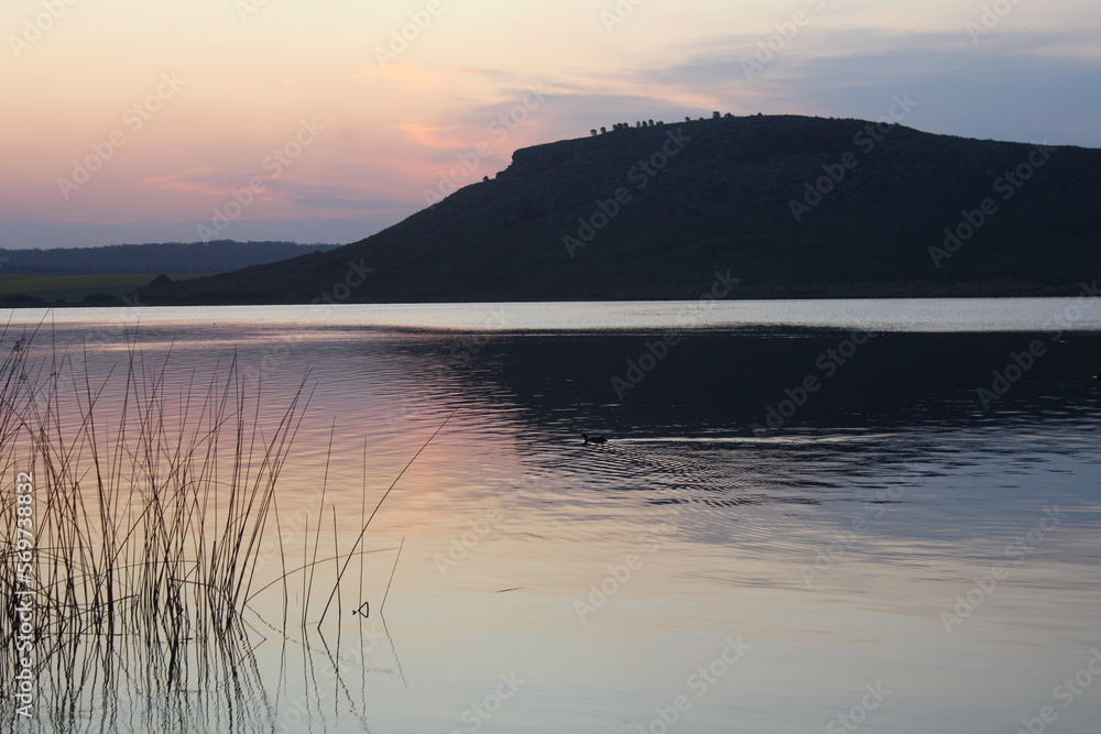 Fototapeta premium Atardecer en una hermosa laguna, junto a sierras y plantas