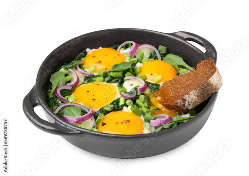 Tasty shakshuka with piece of bread isolated on white, closeup