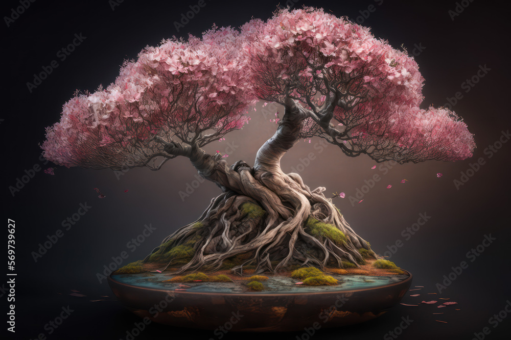 Illustrazione Stock Bonsai tree on black background, miniature nature  concept art, generative ai | Adobe Stock