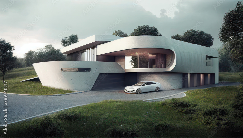 Modern house on a hill with a swimming pool and concrete construction Modern house on a hill with a swimming pool and concrete construction