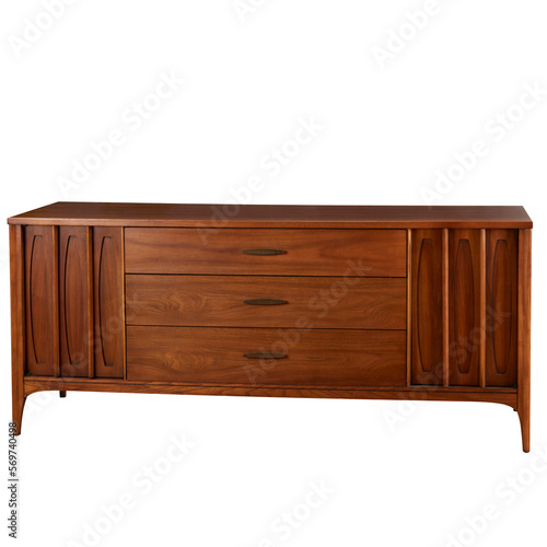 Beautiful mid-century modern dresser. Vintage warm walnut furniture. No background. 