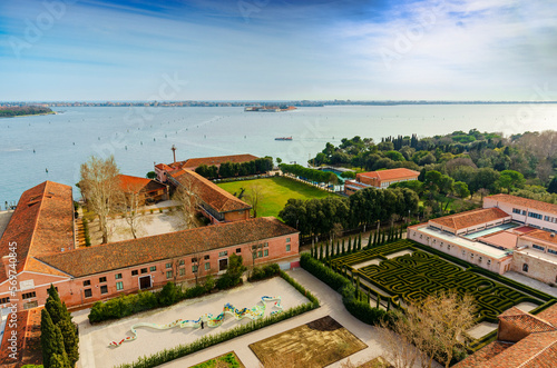 Aerial view of a garden maze and snake sculpture. 