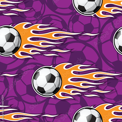 Football and tribal fire flames Seamless pattern vector art image. Burning soccer balls repeating tile sports background wallpaper texture.