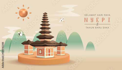 Translation : Happy Nyepi Day. Happy Bali's Day of Silence and Hindu New Year Vector Illustration, Nyepi Day and Hari Raya Saka, Hindu Ceremony