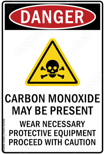 Carbon monoxide sign and labels carbon monoxide may be present, wear necessary protective equipment. Proceed with caution