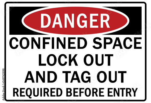 Confined space sign and labels lock out and tag out required before entry