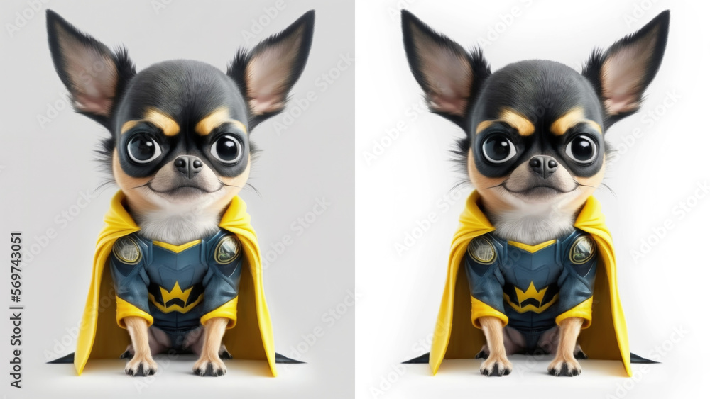 Illustration of a smiling chihuhua wearing a yellow cape on a solid and transparent PNG background. Generative AI