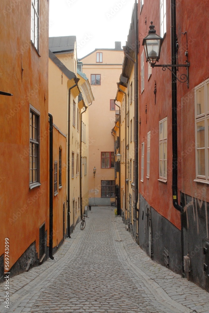 narrow colorful street in Stockholm, Sweden