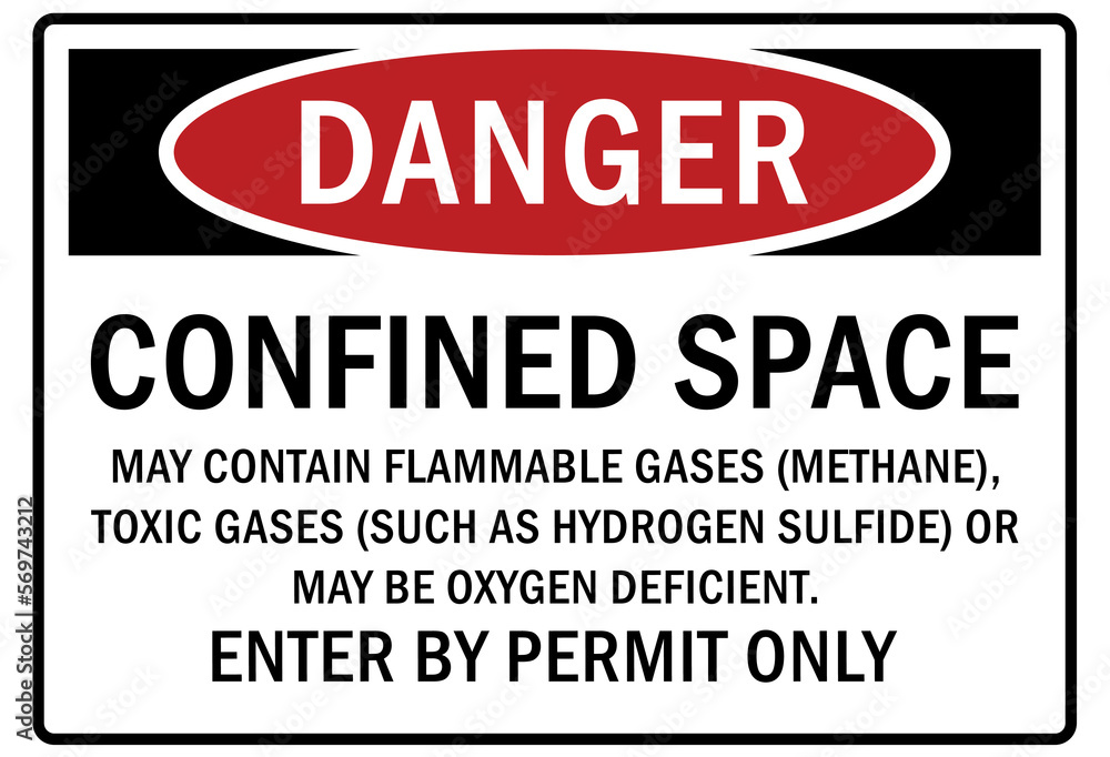 Confined space sign and labels may contain flammable gases (methane