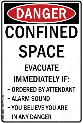 Confined space sign and labels  evacuate immediately if ordered by attendant, alarm sound, you believe you are in any danger