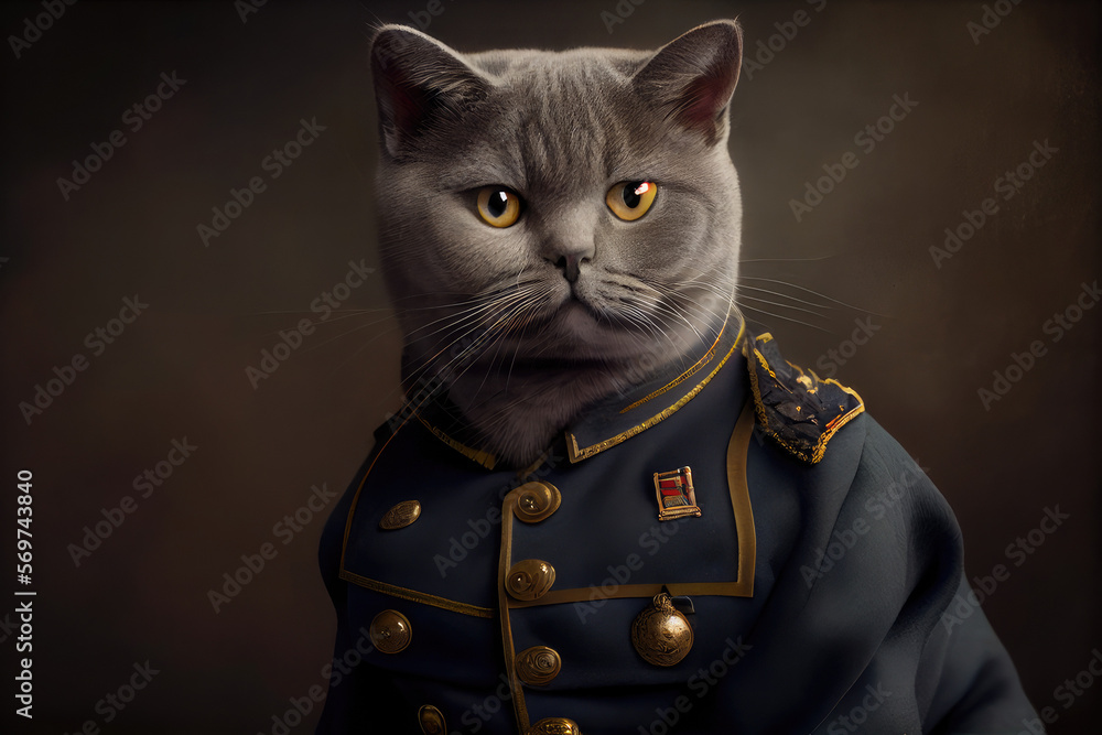 Portrait of a British Shorthair dressed in military