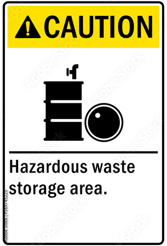 Hazard storage sign and labels hazardous waste storage area