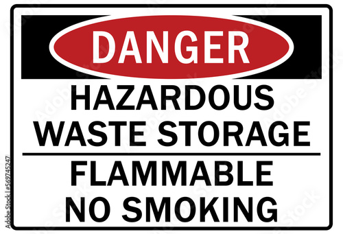 Hazard storage sign and labels hazardous waste storage, flammable no smoking