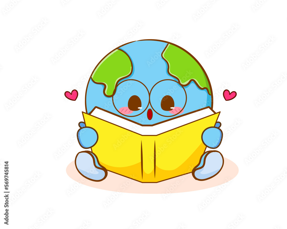 Cute adorable earth cartoon with glasses reading a book. World book day concept design. Kawaii mascot character clip art. Vector art illustration.