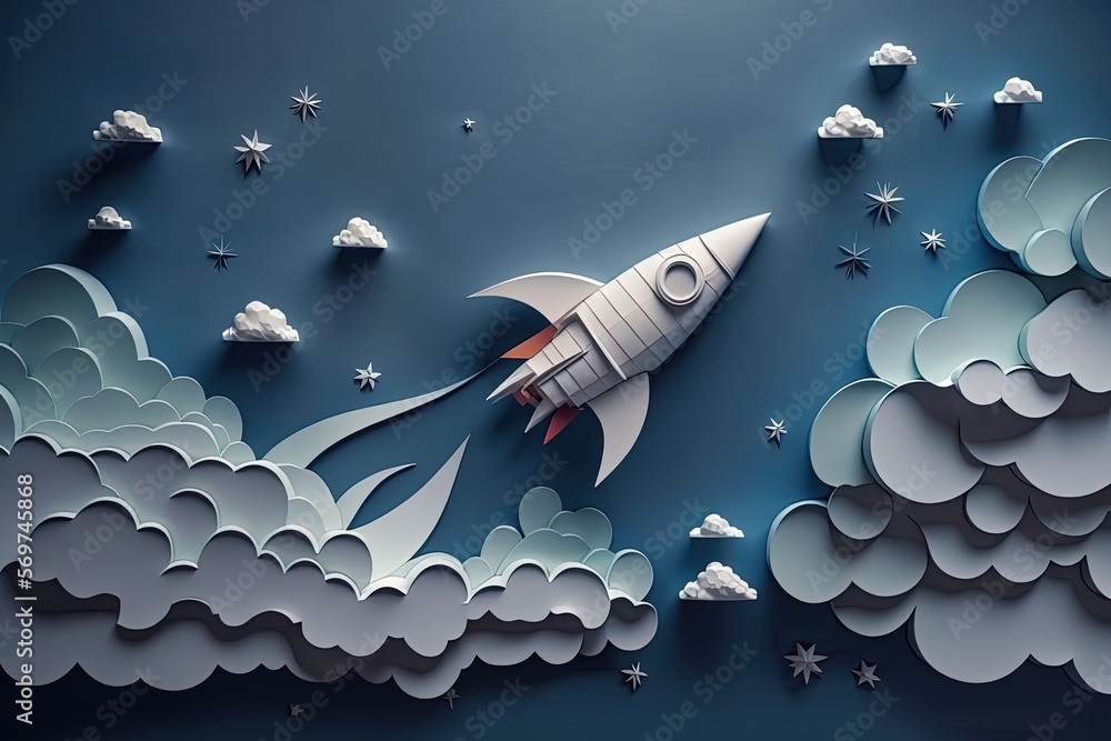 Rocket and clouds made from paper cutout, startup concept. Generative AI
