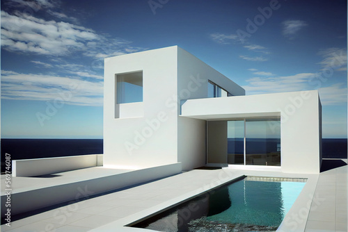 Contemporary residential villa with modern architecture, swimming pool and sea view. With generative AI illustration © ardanz